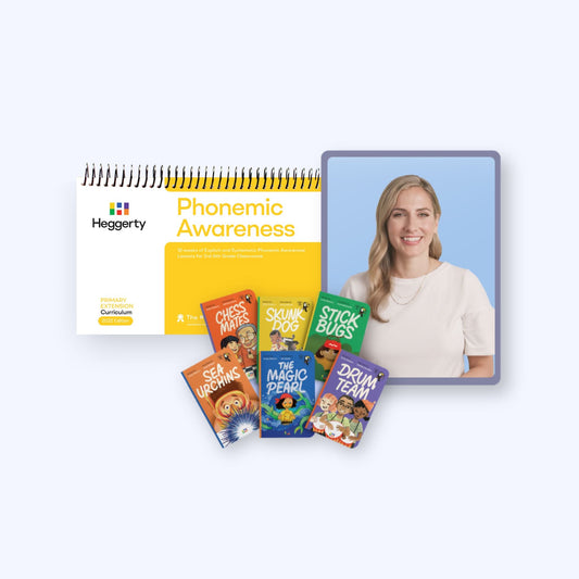 Complete Heggerty Primary Extension bundle for grades 3-5, including the yellow curriculum manual, six decodable readers, and myHeggerty digital resources.