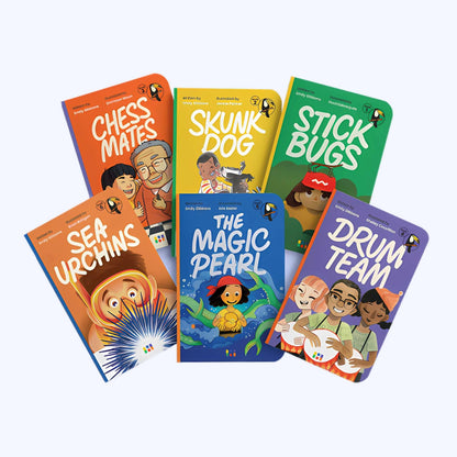 Collection of children's decodable books with colorful covers on a white background
