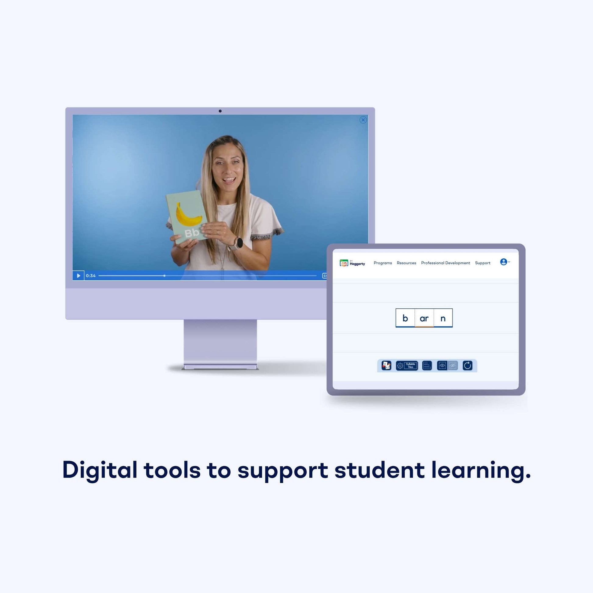 Computer monitor and tablet displaying myheggerty educational content with text 'Digital tools to support student learning'.