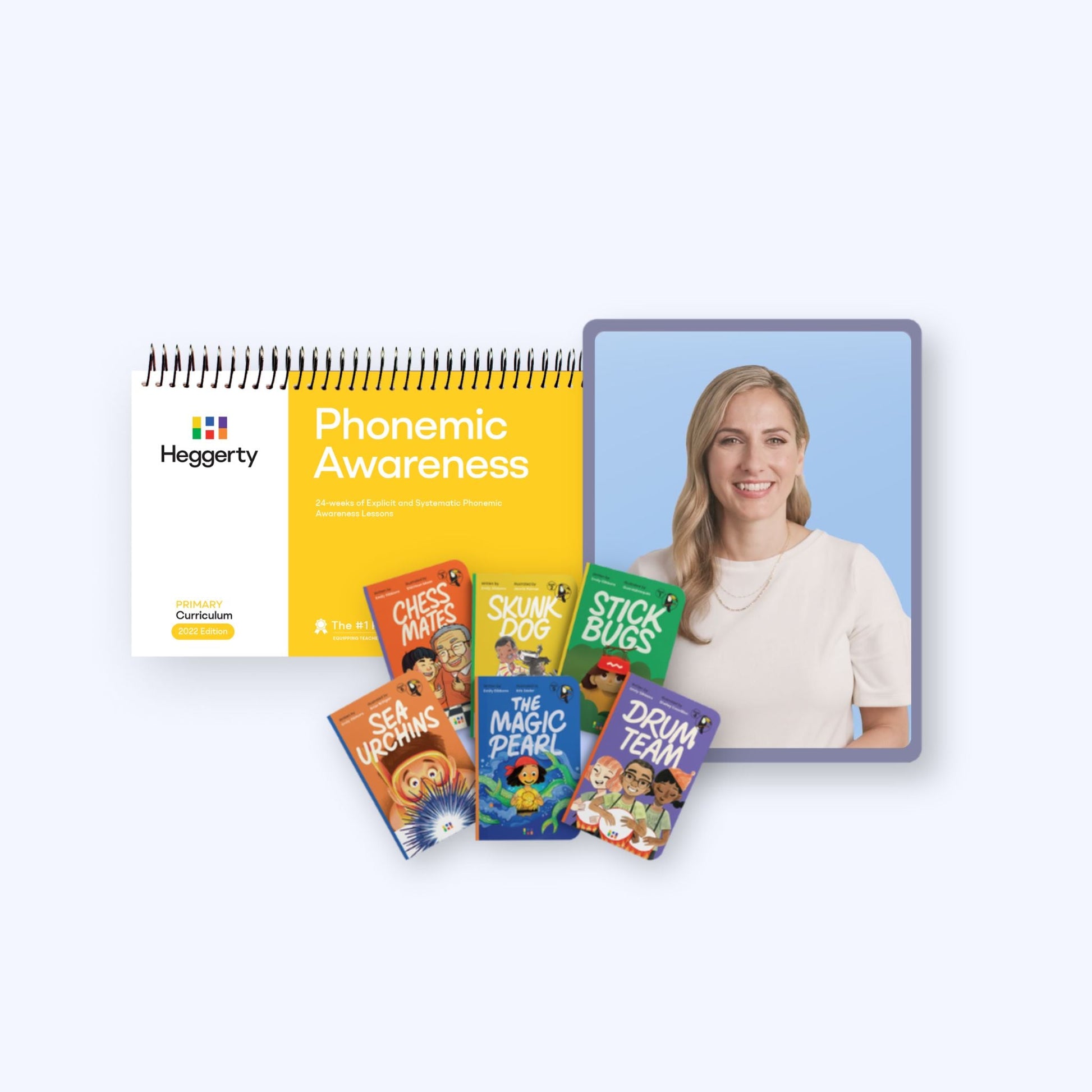 Primary Phonemic Awareness Complete Bundle featuring the Heggerty curriculum manual, six colorful decodable readers, and myHeggerty digital access.