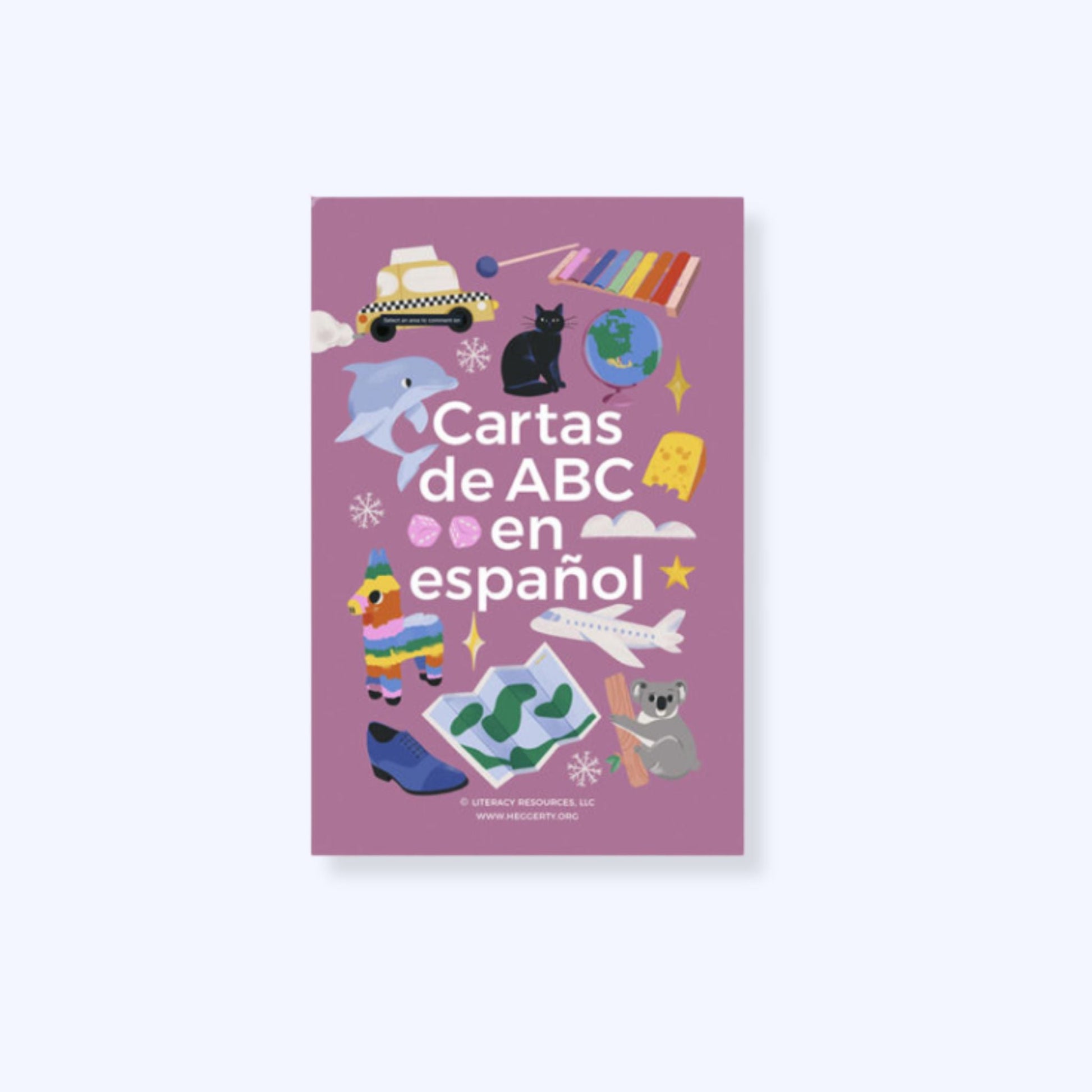 Heggerty Spanish ABC Letter Cards purple cover (Tarjetas del alfabeto) featuring colorful illustrations for Spanish phonemic awareness and alphabet instruction.