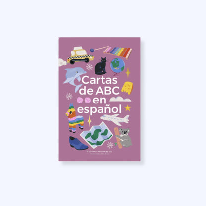Heggerty Spanish ABC Letter Cards purple cover (Tarjetas del alfabeto) featuring colorful illustrations for Spanish phonemic awareness and alphabet instruction.