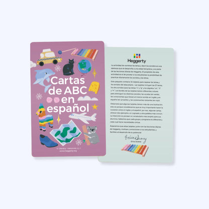 Heggerty Spanish ABC letter cards showing illustrated vocabulary for letter-sound and letter-name recognition, including instructional cues for bilingual classrooms.