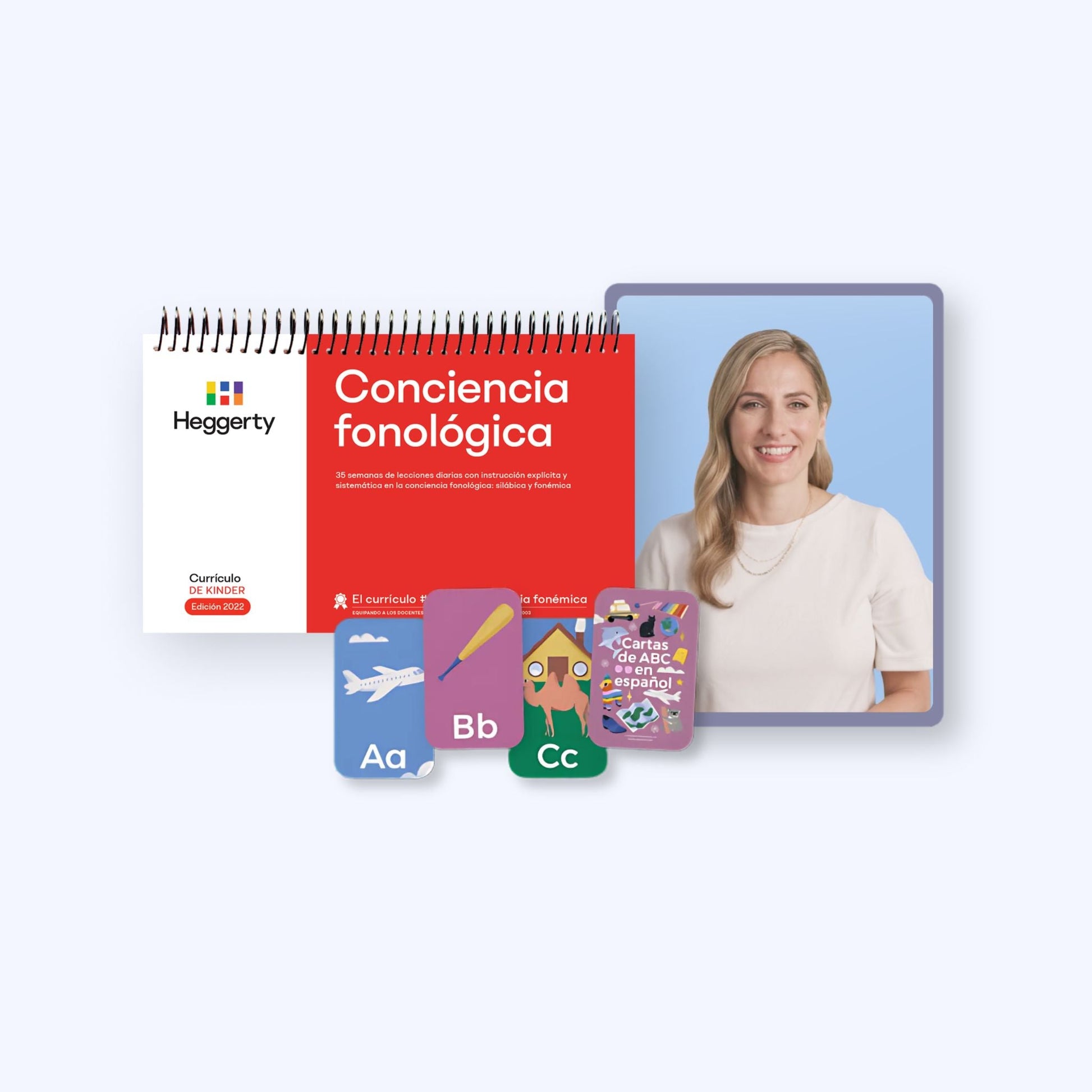 Complete Heggerty Spanish Kindergarten Phonemic Awareness bundle featuring the red Conciencia fonológica manual, myHeggerty digital resources, and Spanish ABC letter cards.