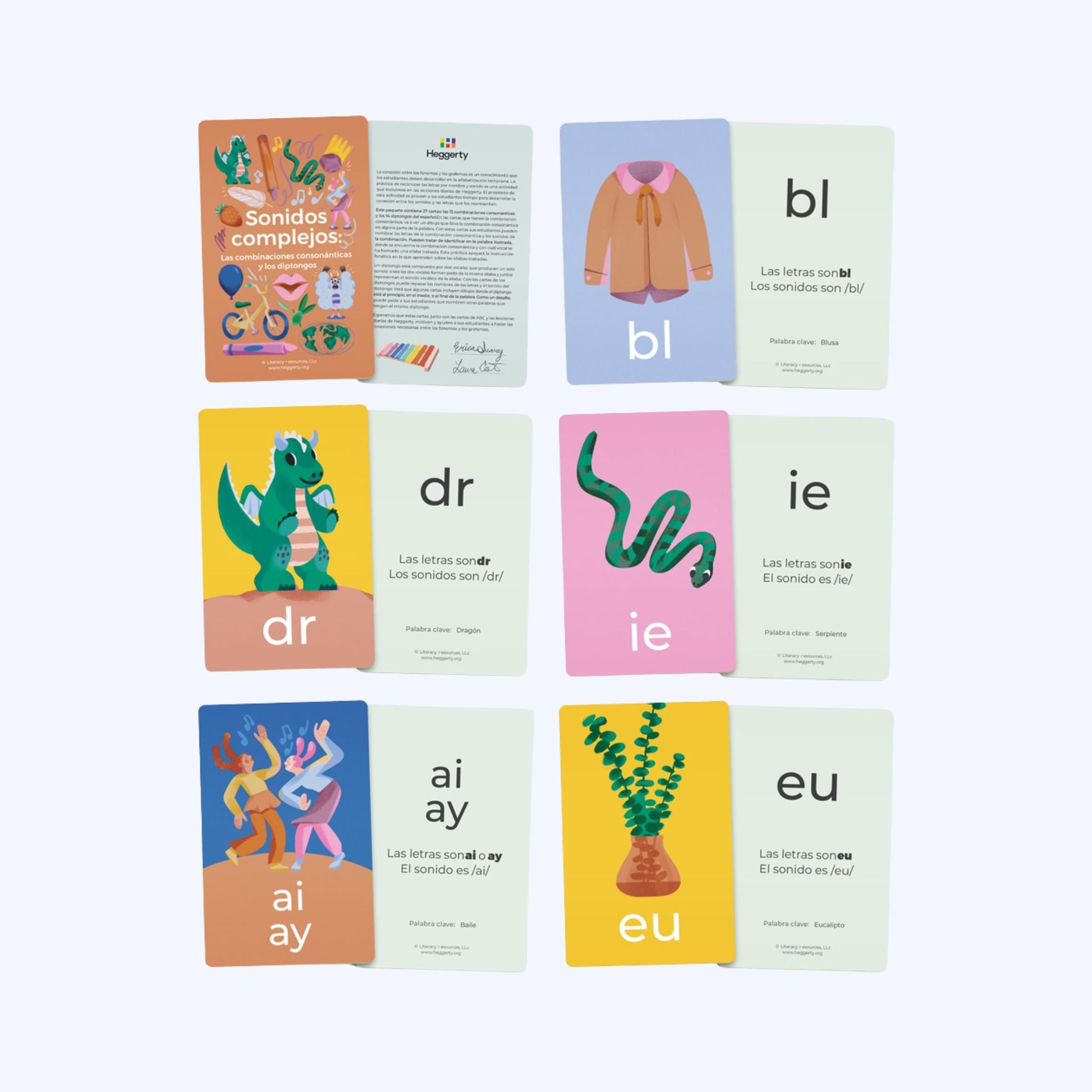 Heggerty Spanish phonics flashcards showing consonant blends and diphthongs like bl, dr, ie, ai, and eu with illustrated keywords (Sonidos complejos).