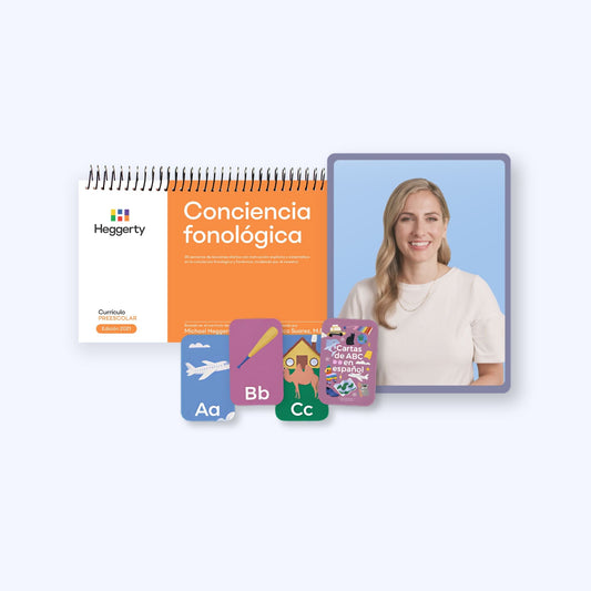 Complete Heggerty Spanish Pre-K Phonemic Awareness bundle featuring the Conciencia fonológica manual, Spanish ABC letter cards, and myHeggerty digital resources.