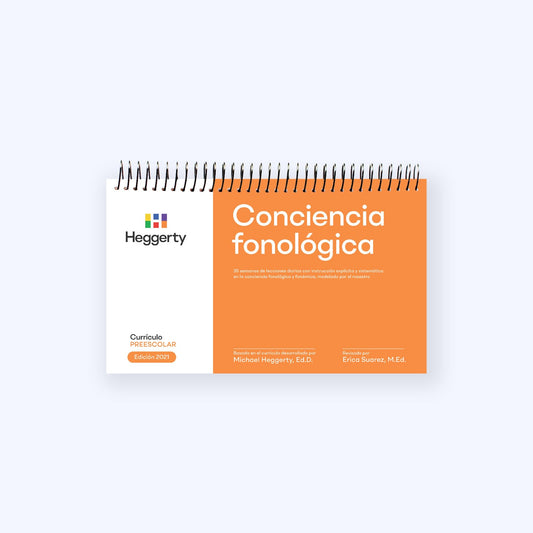 Heggerty Spanish Pre-K Phonemic Awareness Curriculum (Conciencia fonológica) 2021 edition orange manual with 35 weeks of explicit lessons for preschool bilingual classrooms.