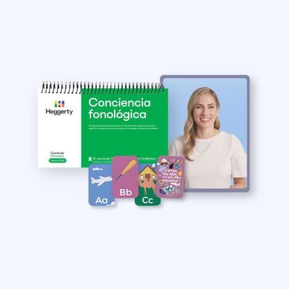 Complete Heggerty Spanish Primary Phonemic Awareness bundle featuring the green Conciencia fonológica manual and Spanish ABC letter cards for Aa, Bb, and Cc.